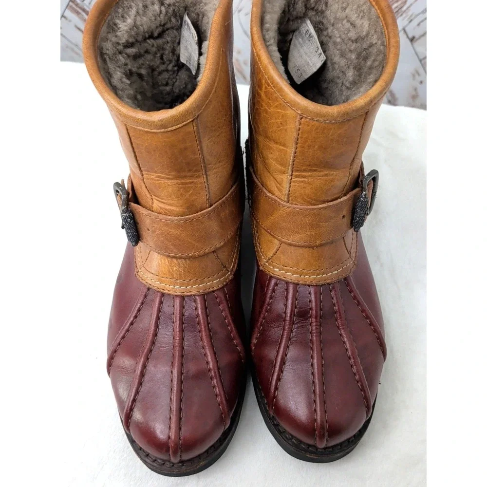 Frye Veronica Duck Engineer Shearling Lined Mid Shaft Boot Black Brown 6.5 Warm